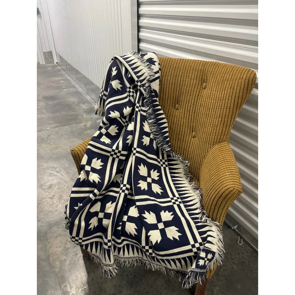 Woven Throw Blanket 72x50 Navy Cream Geometric Fringe Boho Farmhouse Decor